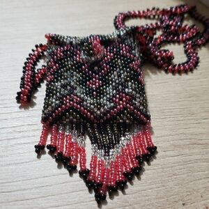 Handmade Beaded Necklace with Pink and Black Accents